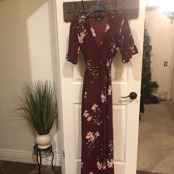 september sunsets burgundy floral print wrap maxi dress Strapless Ruched Bodice Maxi Dress in Burgundy Floral Print L / Burgundy Floral
